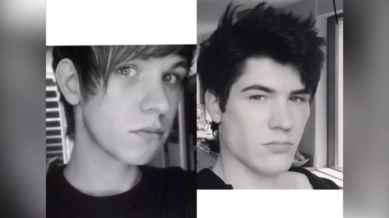 Two black and white selfies of AstroSky side by side: an earlier one with a long side-swept fringe, and a later one with darker, shorter styled hair.