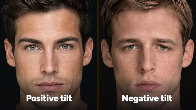AI-generated illustration: two different men side by side, labelled positive tilt, with the outer eye corners higher than the inner ones, and negative tilt, with the outer corners lower.