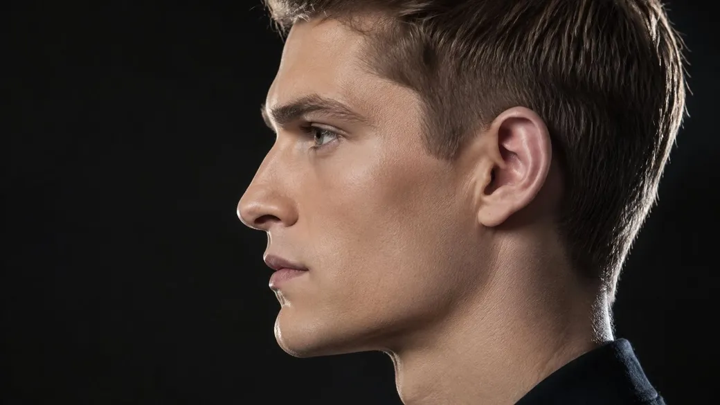 AI-generated illustration: a man's face in strict side profile, showing the brow, cheekbone, nose, lips and chin.
