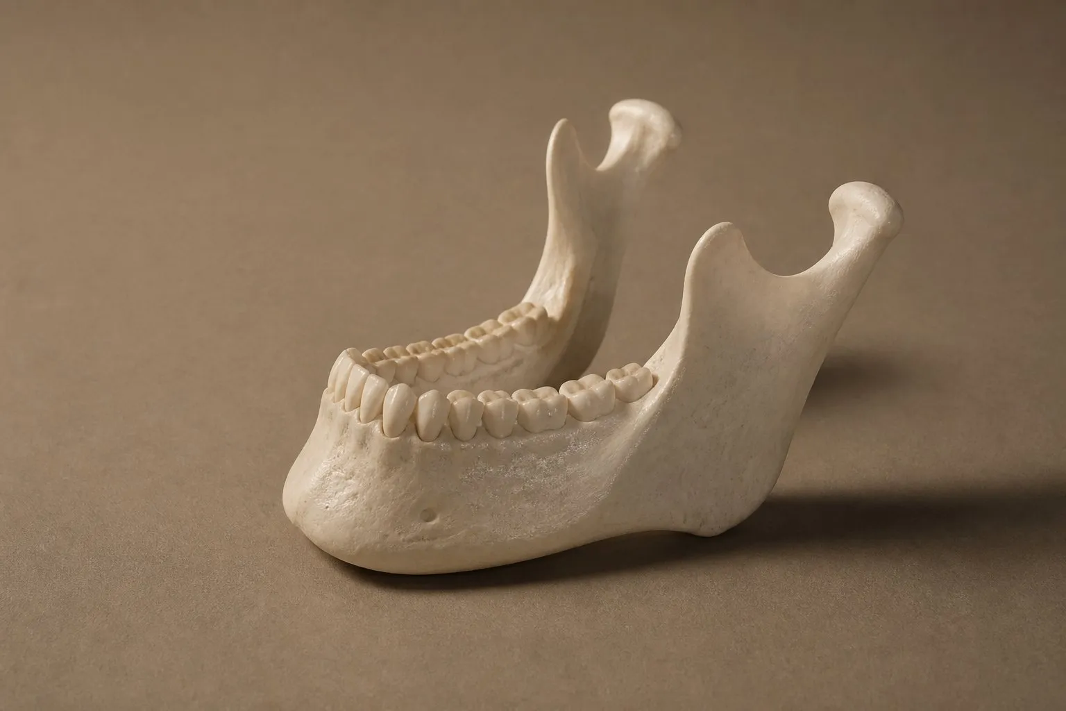 An anatomical model of a human lower jaw, showing the teeth and the jawline from the side.