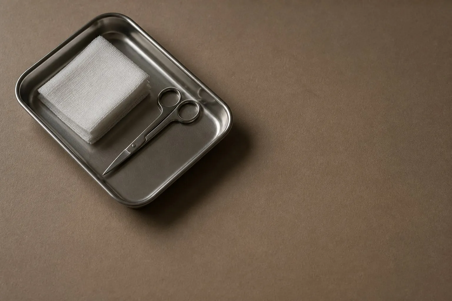 A stainless steel instrument tray holding folded gauze and a pair of fine surgical scissors.