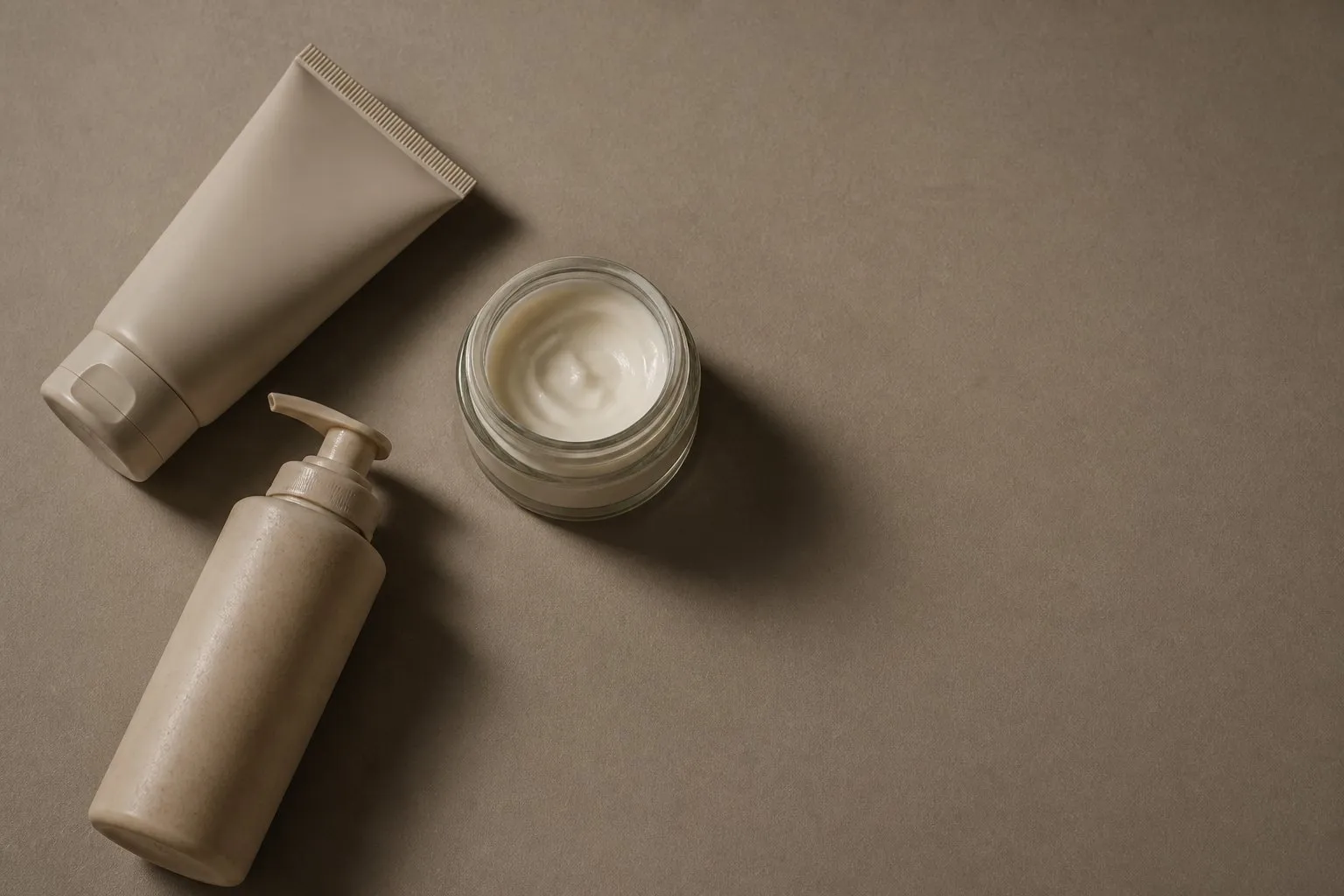 A cleanser tube, a pump bottle and an open jar of moisturizer on a taupe surface.