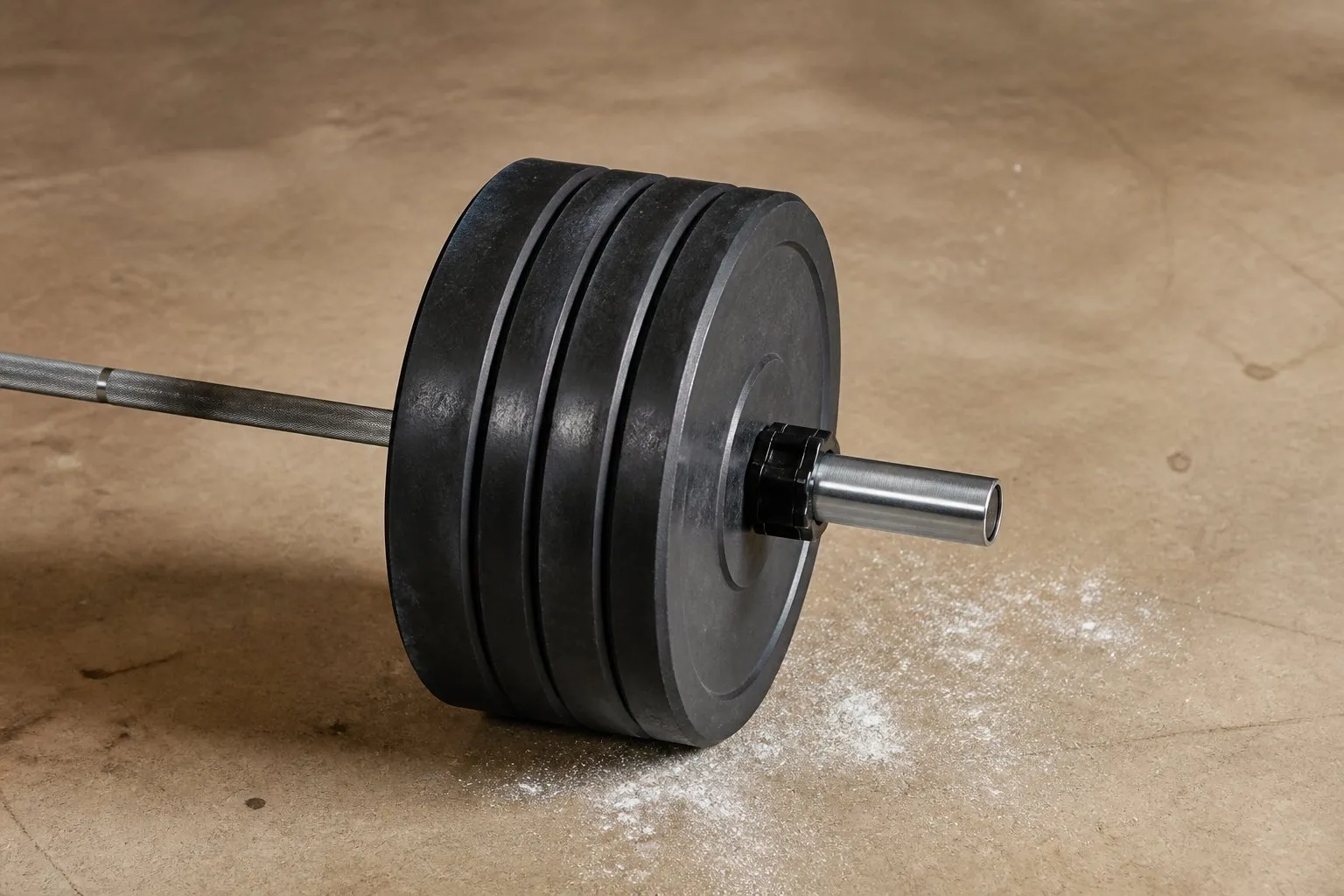 A loaded barbell resting on a gym floor, with chalk dust scattered around the plates.