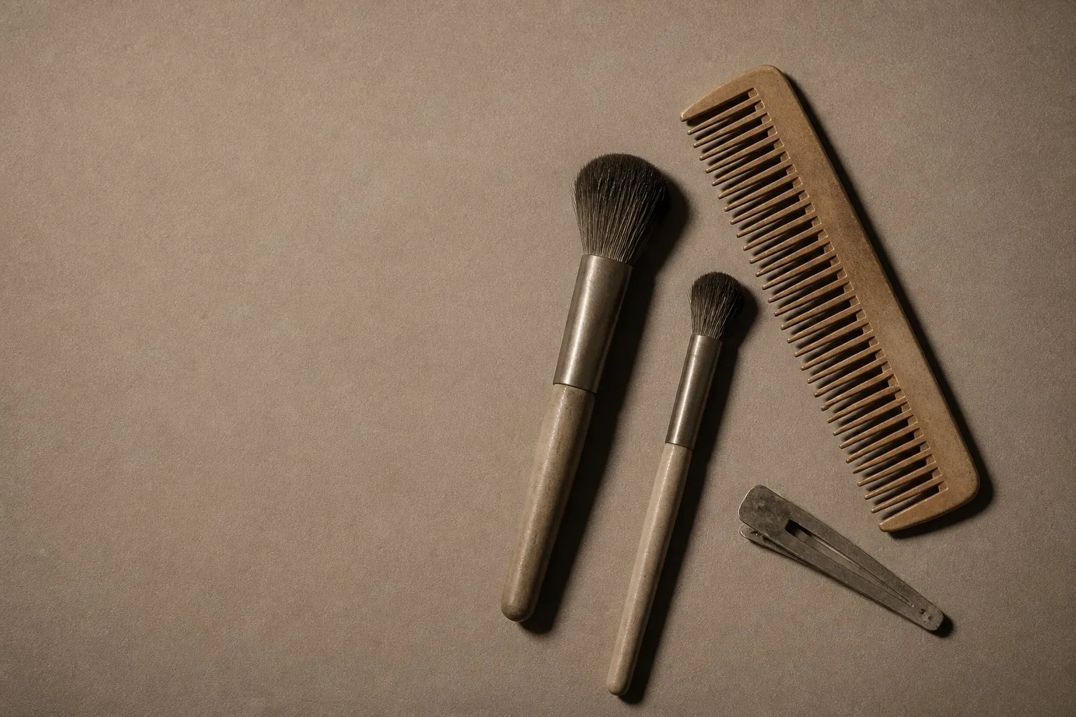 Two makeup brushes, a wide-tooth wooden comb and a metal hair clip on a taupe surface.