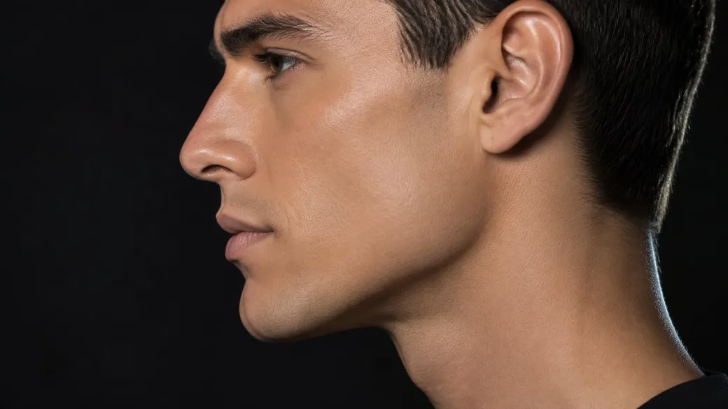 AI-generated illustration: a man's face in strict side profile, with a sharply defined jawline running from the chin back to a clearly visible jaw corner below the ear.