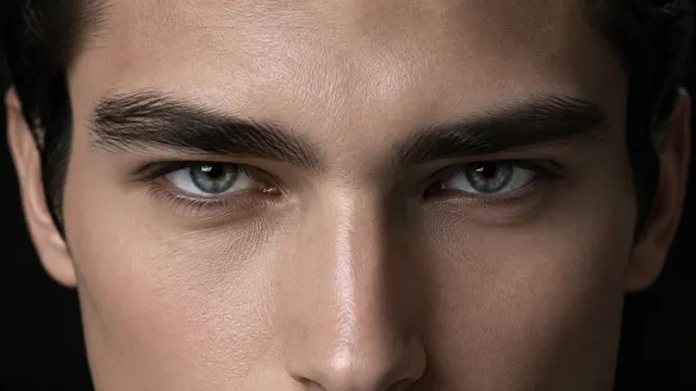AI-generated illustration: a close-up of a man's eyes and brows, with deep-set, hooded eyes, upturned outer corners and low, straight brows.
