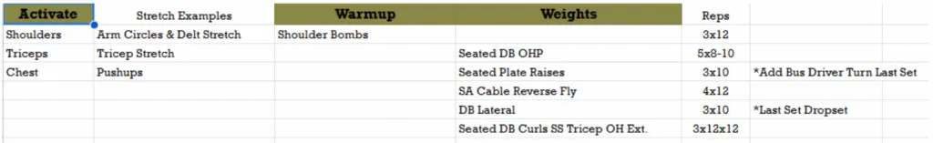 Shoulders and arms training table: shoulder bombs 3x12, seated DB overhead press 5x8-10, seated plate raises 3x10, single-arm cable reverse fly 4x12, DB laterals 3x10 and seated DB curls supersetted with overhead tricep extension.