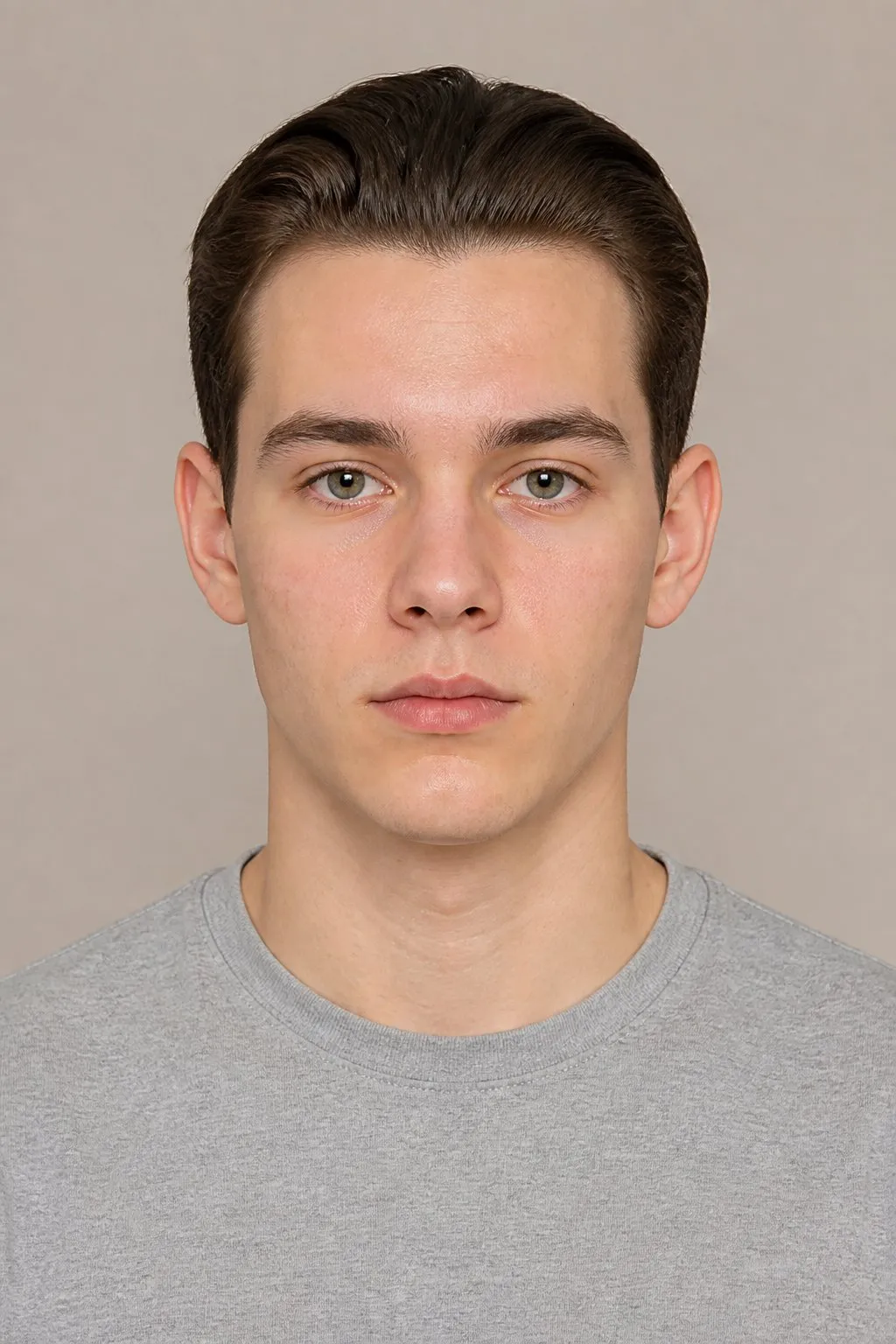 A front-on portrait of a young man with a vertical line down the centre of his face and paired dots either side of it at the brows, eyes, nose, mouth and jaw.