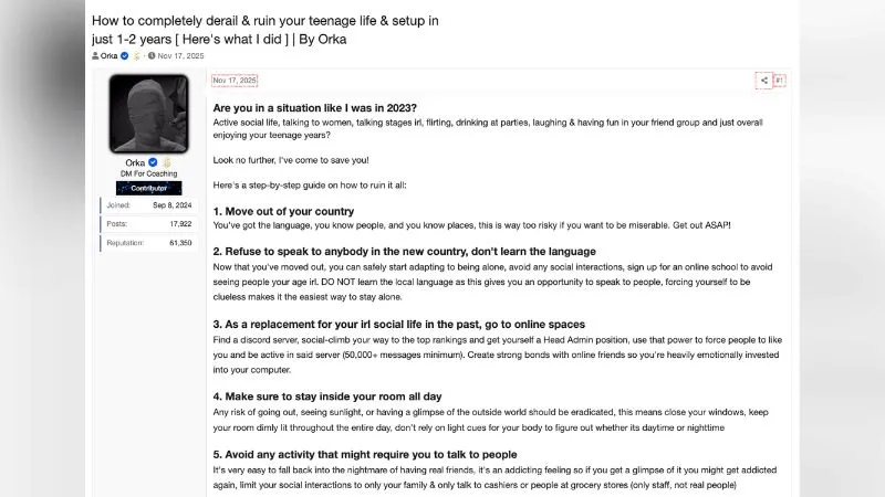 Orka's forum post titled "How to completely derail and ruin your teenage life" describing his social isolation after moving countries