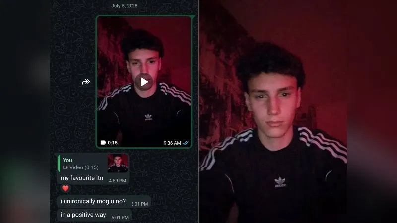 WhatsApp message showing a friend telling Orka he mogs him, referencing comments about his appearance before looksmaxxing