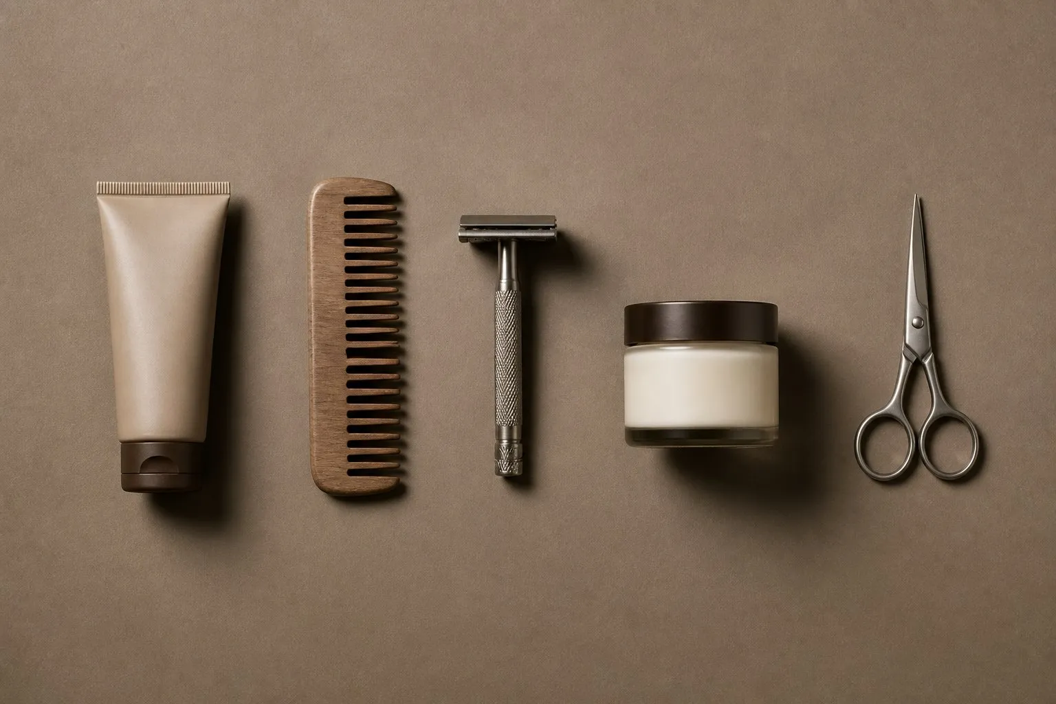 A cleanser tube, a wooden comb, a safety razor, a jar of moisturizer and a pair of grooming scissors laid out in a row.