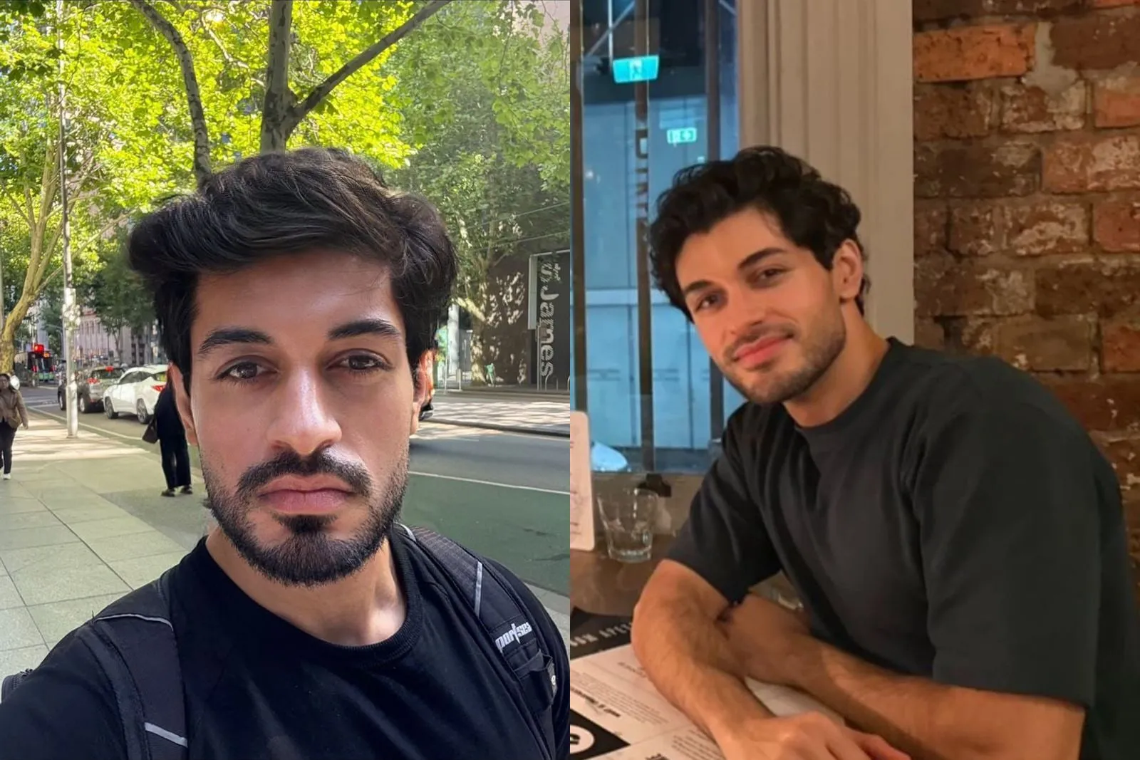 Two later photographs of Sal side by side: outdoors on a tree-lined street, and seated indoors in a dark top.