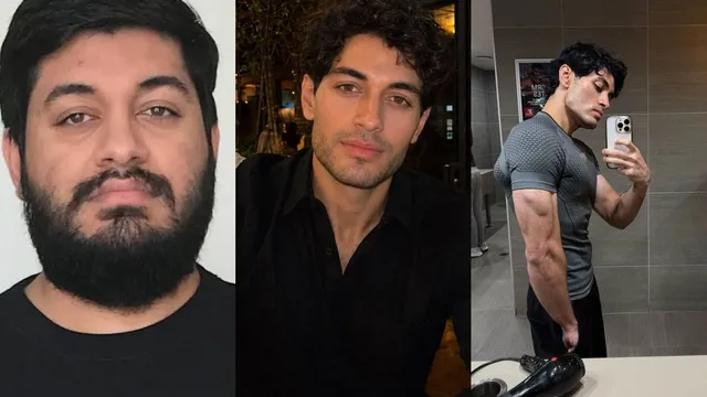Three photographs of Sal side by side, taken years apart: bearded and facing the camera against a plain wall, clean-shaven in a black shirt at a restaurant at night, and in profile in a gym mirror in a fitted grey top.