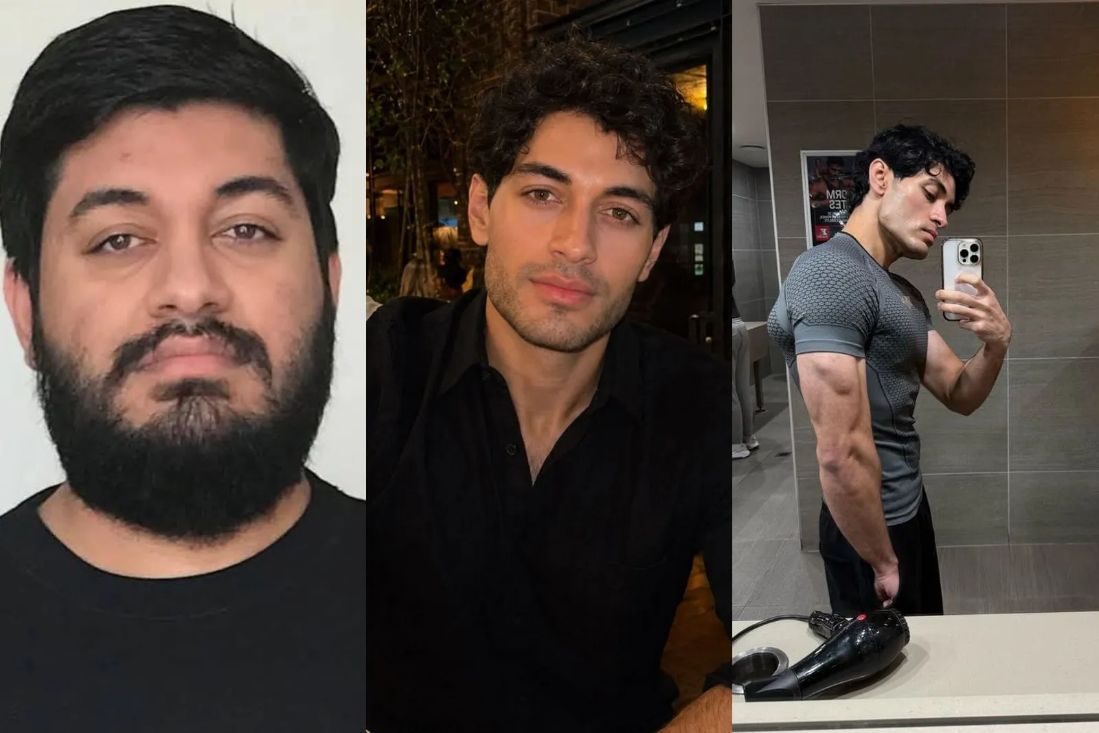 Three photographs of Sal side by side, taken years apart: bearded and facing the camera against a plain wall, clean-shaven in a black shirt at a restaurant at night, and in profile in a gym mirror in a fitted grey top.