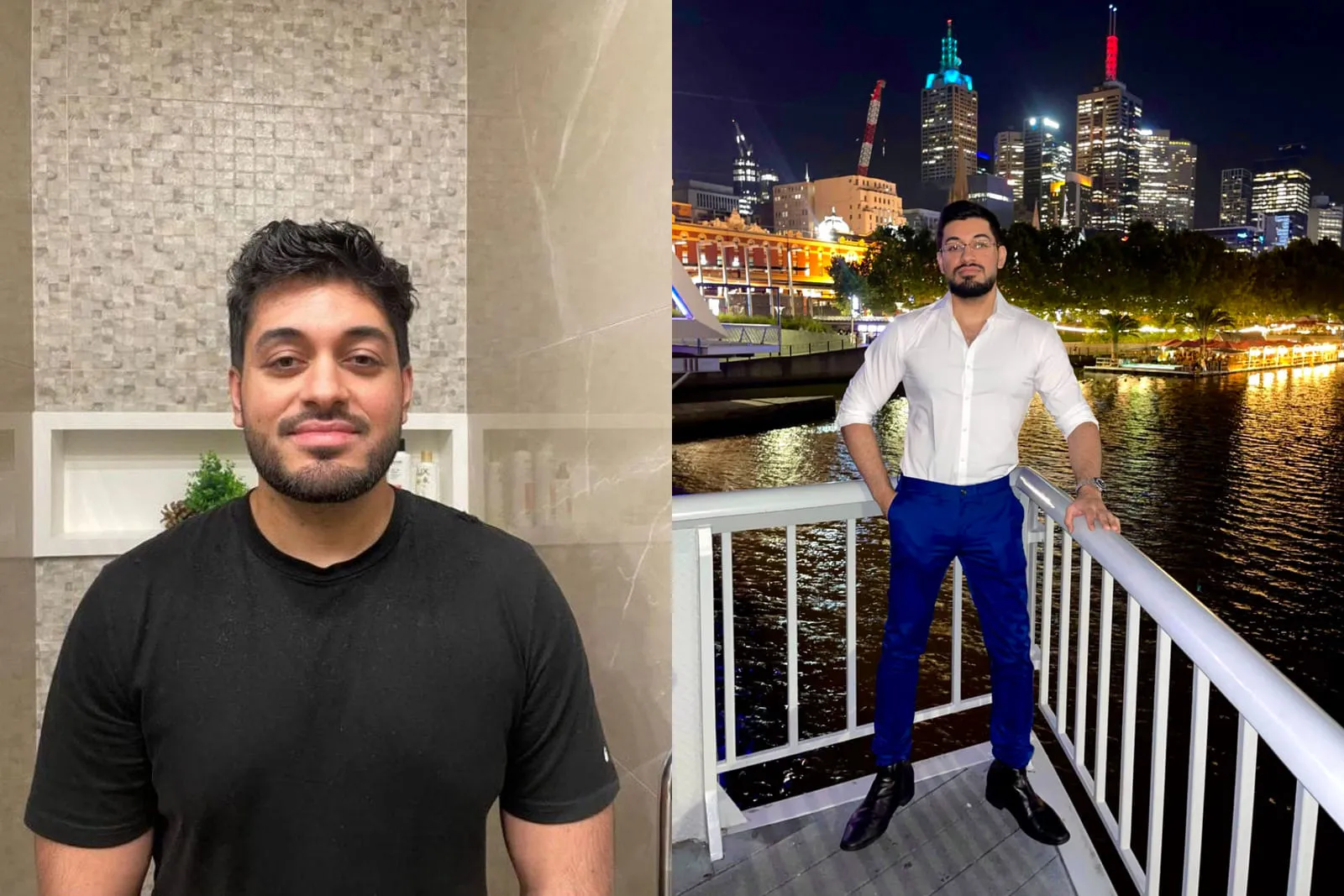 Two photographs of Sal before the changes described here: standing indoors in a dark T-shirt, and on a balcony at night.