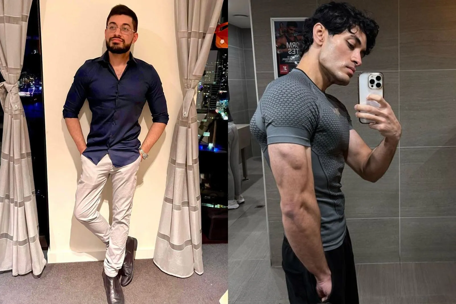 Two photographs of Sal side by side: standing in a shirt and chinos, and a later gym mirror selfie in a fitted T-shirt.