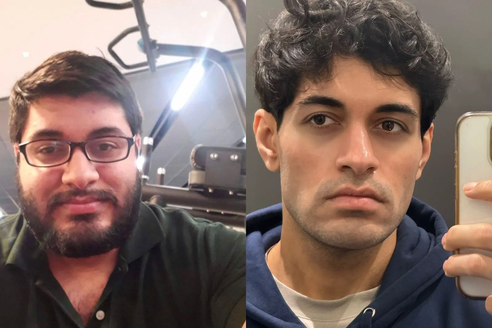 Two close photographs of Sal's face side by side: an earlier gym selfie in glasses, and a later mirror selfie.