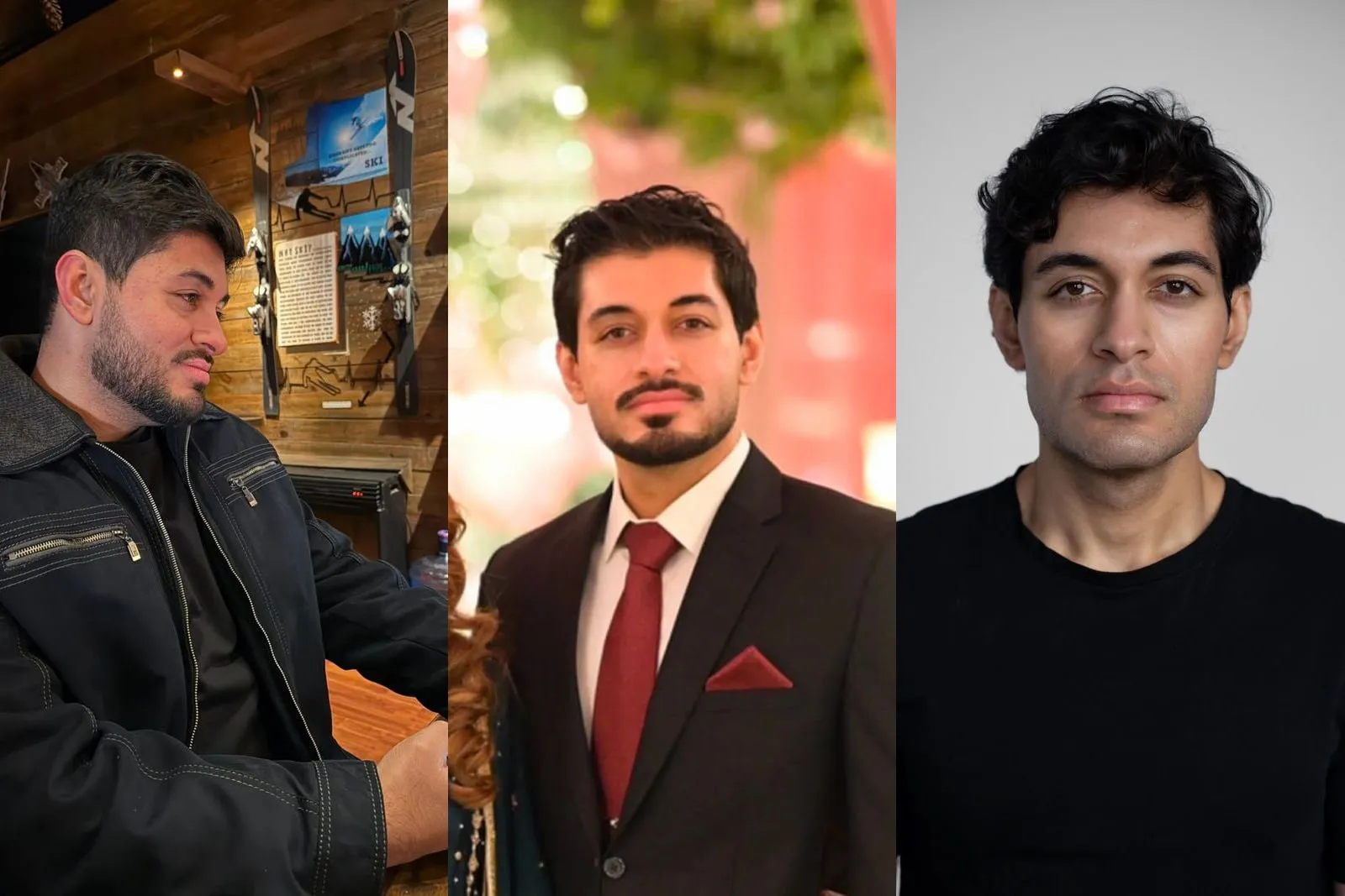 Three photographs of Sal side by side in sequence: seated in a jacket in a ski lodge, standing in a suit and tie, and a front-facing portrait against a plain background.