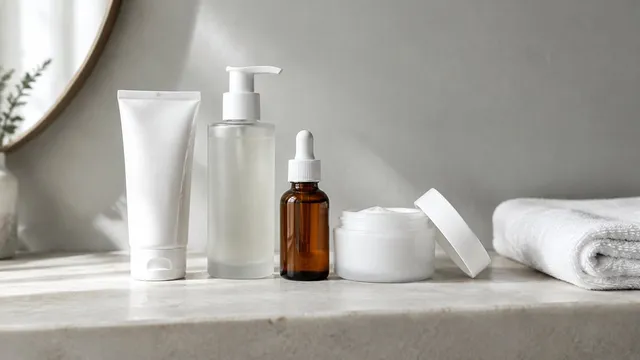 AI-generated illustration: four unbranded skincare products, a tube, a pump bottle, an amber dropper bottle and an open jar, on a stone bathroom shelf in morning light.