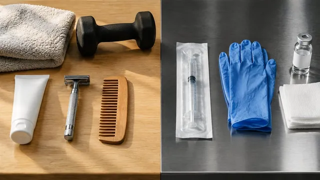 AI-generated illustration: a tabletop split in two, with sunscreen, a razor, a comb and a dumbbell on warm wood on the left, and a sealed syringe, blue gloves, gauze and a vial on a steel clinic tray on the right.