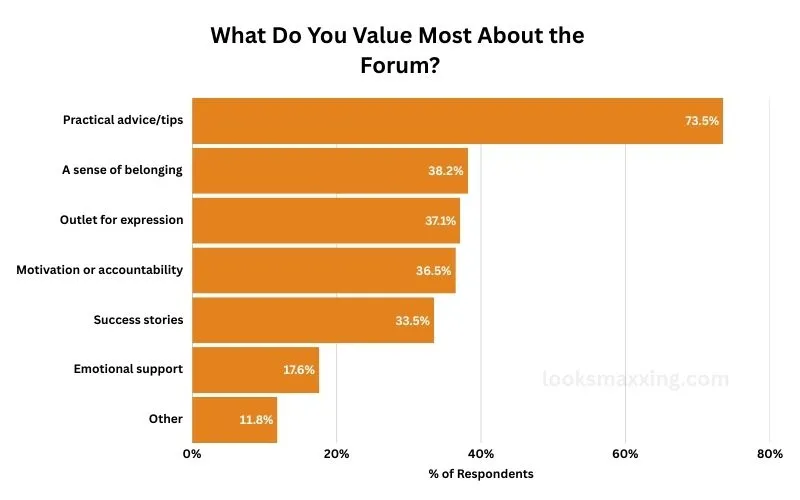 Bar chart of what members value. Practical advice and tips led at 73.5%, roughly double a sense of belonging at 38.2%.