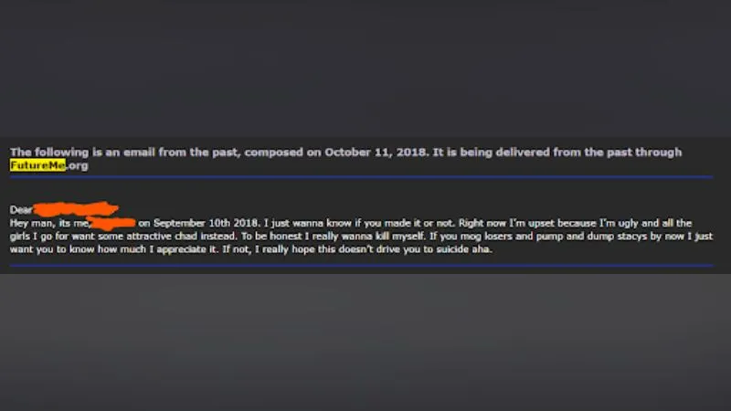 ZyzzReincarnate's FutureMe email written in 2018 documenting his looksmaxxing goals as a teenager