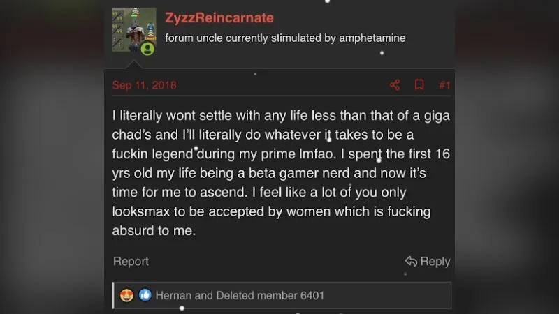 ZyzzReincarnate's original Looksmax.org forum post from September 2018 at age 16