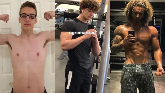 Three photographs of ZyzzReincarnate in sequence: thin and shirtless as a teenager, then in a gym in a t-shirt, then shirtless and visibly muscular with long bleached hair.